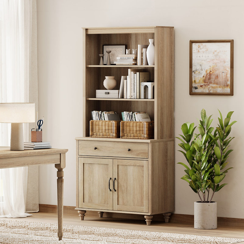 72.1"H X 33.9"W 3-Tier Bookcase With Doors & Drawer, Large Bookcases Farmhouse Bookshelves For Living Room Bedroom Home Office Kitchen, Oak