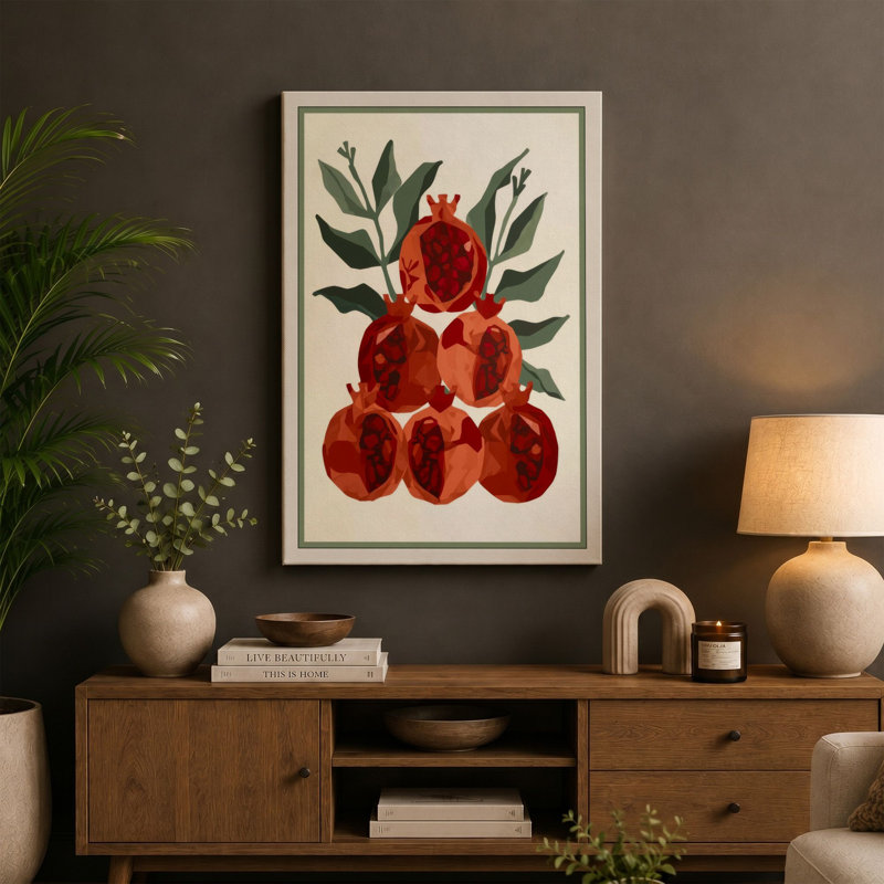 Pomegranate Studies Botanical - Wrapped Canvas, 18x12 - 45.7 x 30.5 cm, Ochre Border