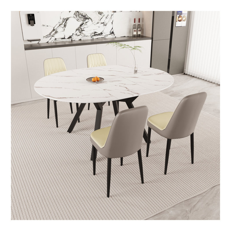 Tables de salle à manger circulaires extensibles de 47 à 63 po, équipées de chaises rembourrées en tissu polyuréthane épais et d'une table à manger élégante et spacieuse, d'une table de cuisine et d'une chaise, avec des pieds en métal