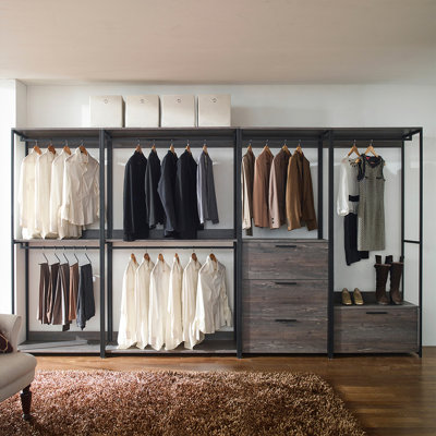 Dressing Monica Wood avec trois tiroirs et une tablette, 44 cm L x 80 cm l x 198 cm H, bois massif, 1 unité, système de garde-robe, gris, éclairage DEL intégré