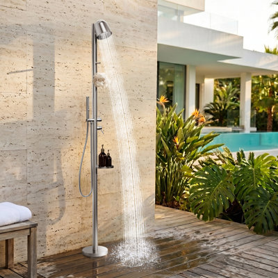 304 Stainless Steel Outdoor Shower Fixture, Freestanding Shower System With 6.1" Rainfall Head & 3-Spray Handheld, Brushed Nickel, CUPC Certified