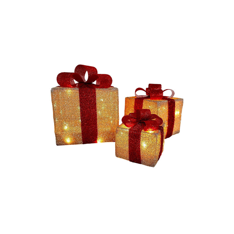 2024, ensemble de trois boîtes de cadeau de Noël empilables, ornements en fer, lanternes lumineuses, arbre de Noël, Gold