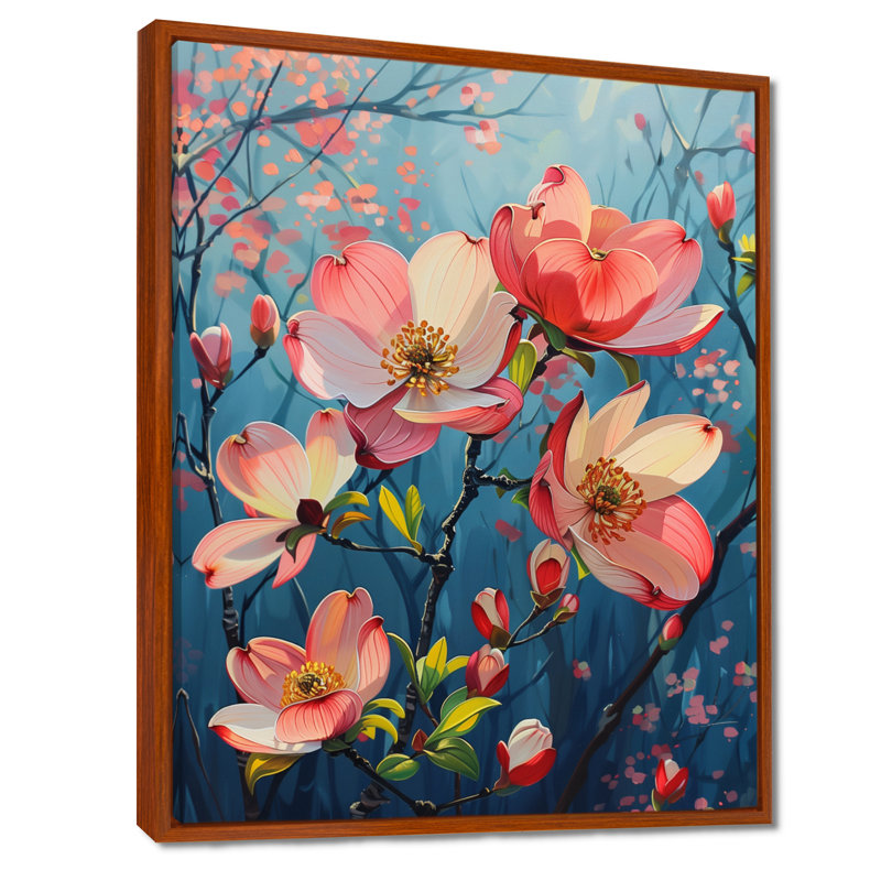 Collage de fleurs de cornouiller rose et bleu, Cadre flottant brun, H 24 po x l 32 po