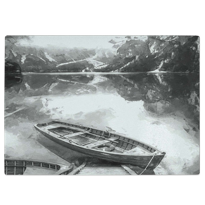 Tempered Glass Docked Rowing Boat in the Mountains Chopping Board, 39 cm W x 28.5 cm L