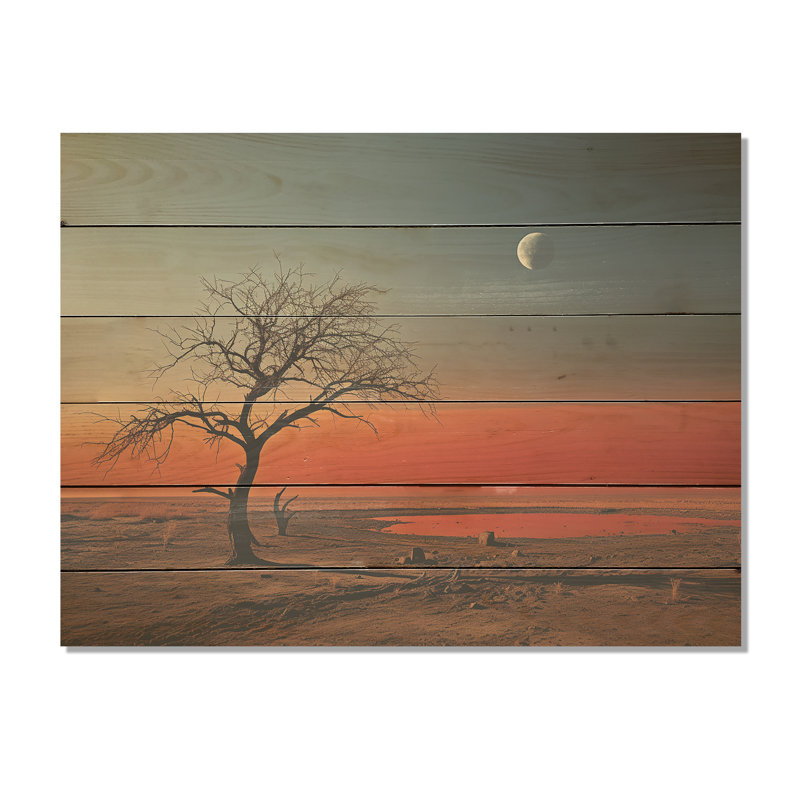 Orange And Blue Desert Nature Scenes Minimalism Charm - Africa Wood Panel Wall Art On Natural Pine Wood, 10" H x 20" W