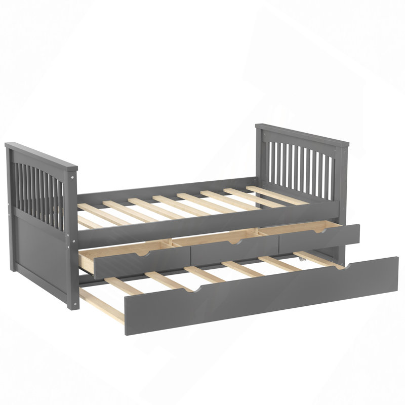Platform Bed With Drawers And Trundle, Solid Wood Daybed, No Spring Box Needed, Gray