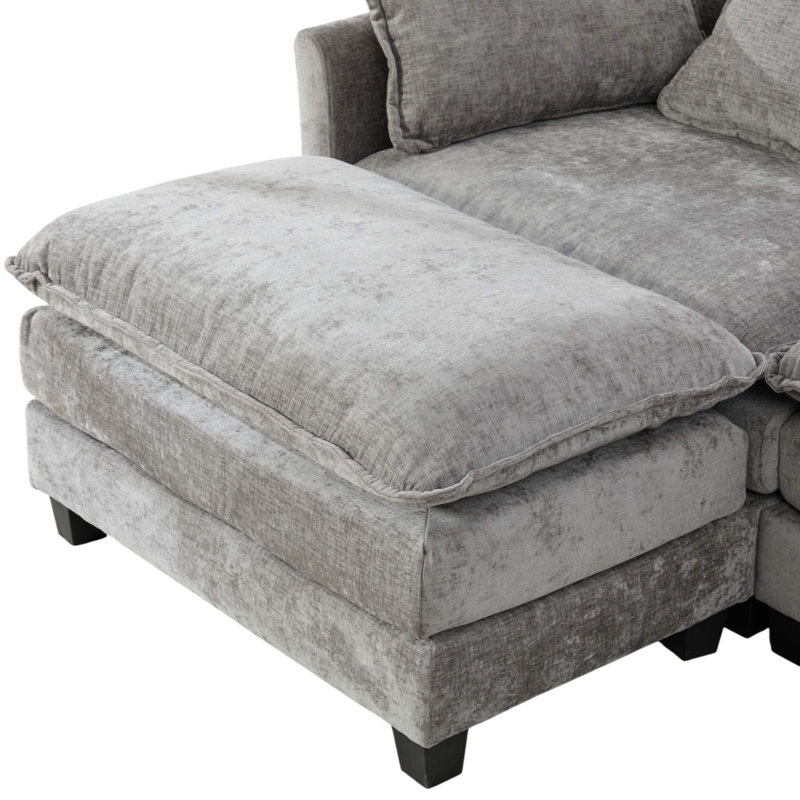 Geneveve 113.8"W Chenille Upholstered Sofa With Ottoman, 5 Compressed Pillows & Compressed Foam Cushions, Gray Chenille