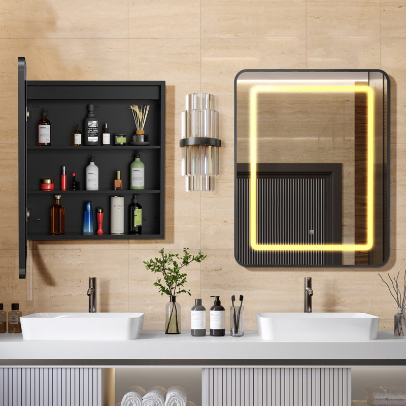 Armoire à pharmacie de salle de bain, armoire encastrée ou à surface éclairée, Noir, H 24 po x l 16 po x P 5 po