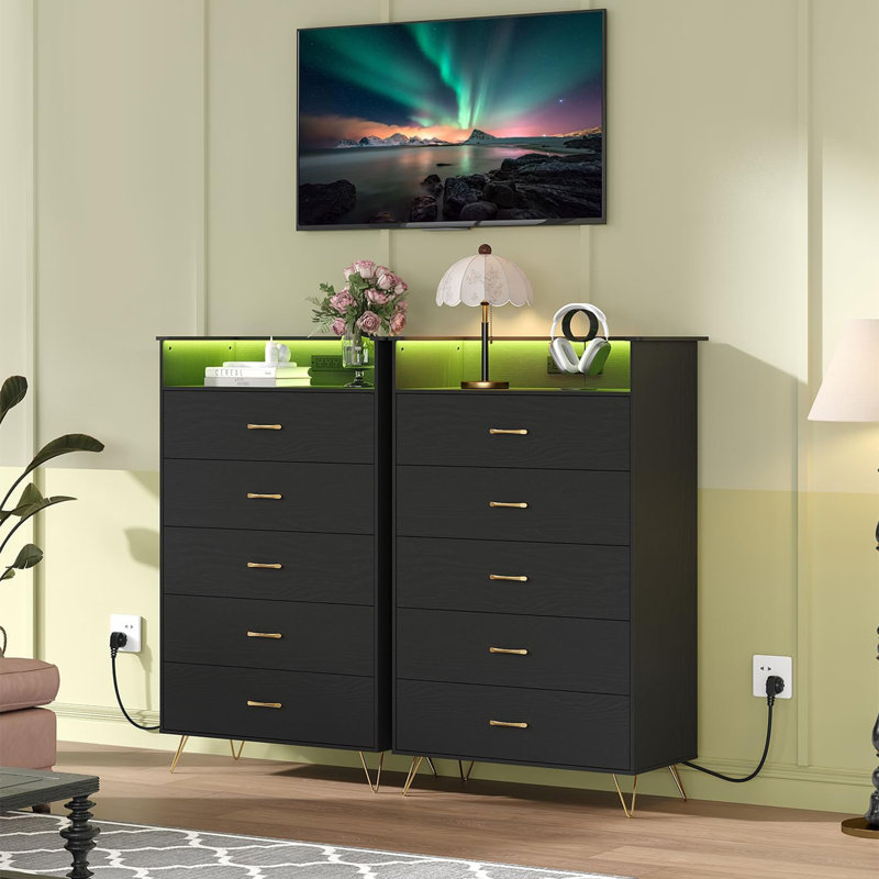 App Controlled LED Dresser with Charging Station & Music Sync, Tall 5-Drawer Storage Cabinet for Bedroom, Living Room, Black