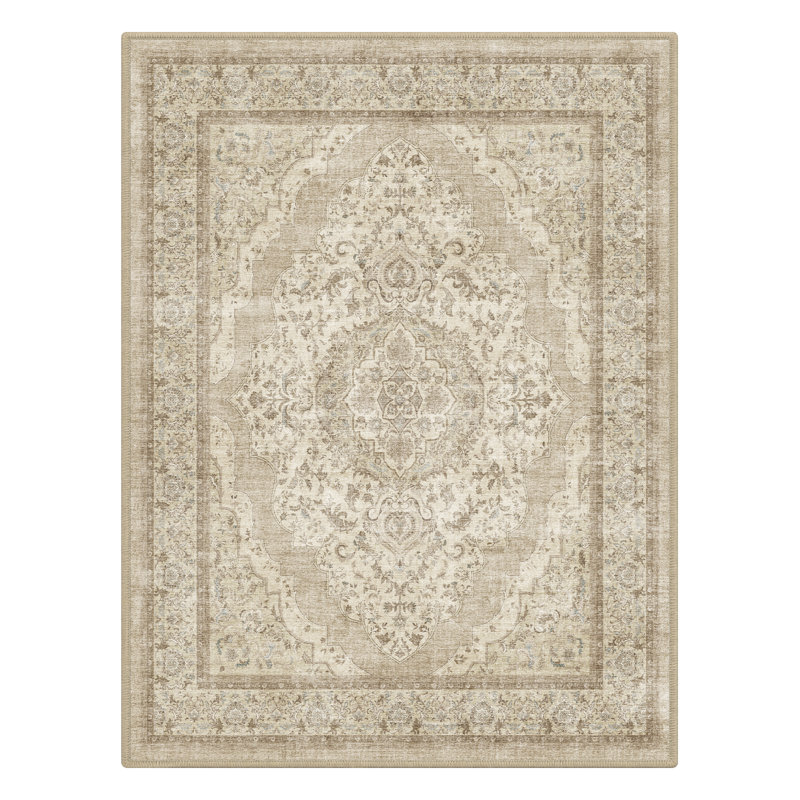 Tapis beige délavé doux antidérapant traditionnel délavé, Beige, Rectangle 5 pi x 7 pi