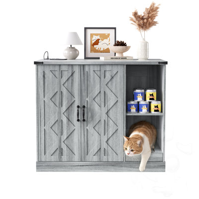 Cat Litter Box Cabinet With Power Outlet And Adjustable Storage Shelves