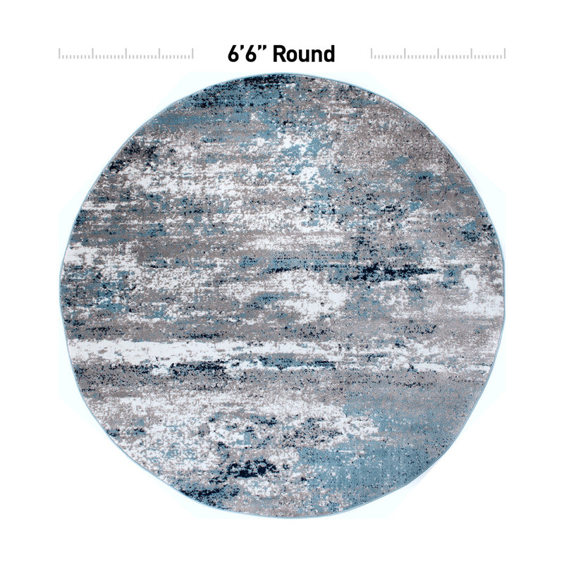 Willington Abstract Gray/Blue Rug, Round 6'6"