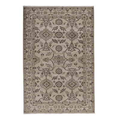 Tapis beige / brun en laine noué à la main de conception unique 5 pi 10 po x 8 pi 9 po