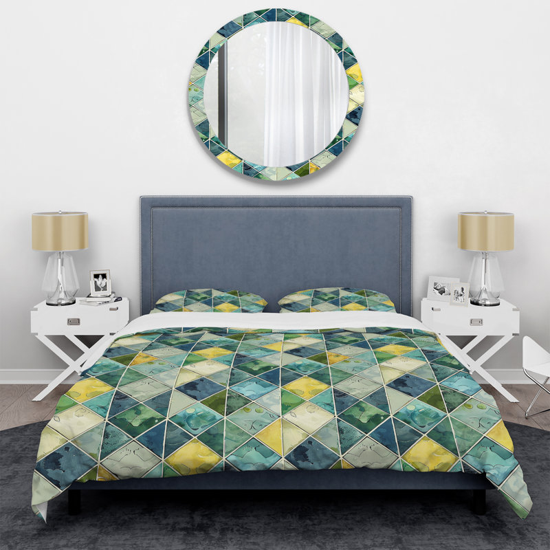 Ensemble de housse de couette bleu-vert Modern Geo III - Tiles, Housse de couette simple et deux taies décorative