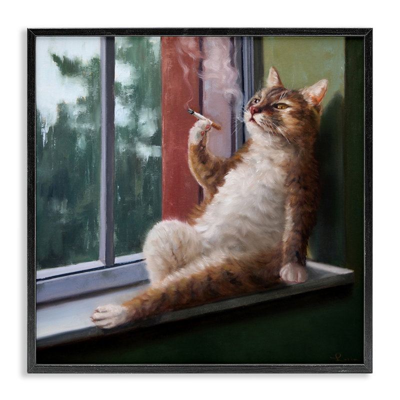 «House Cat fumant dans une vitre» par Lucia Heffernan - impression, H 12 po x l 12 po, Giclée encadrée noir minuit