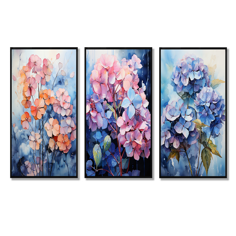 Hydrangées bleues et mauves - ensemble de 3 impressions sur toile d'hortensias, Cadre flottant noir, H 28 po x l 36 po