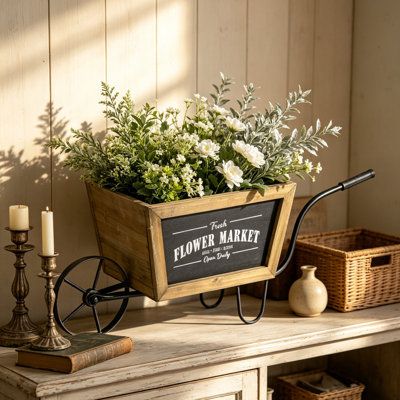 Pot à fleurs en forme de brouette rétro en bois avec cadre en fer noir L 19,5 po x l 7,9 po x H 8,3 po, boîte de fleurs de table pour les plantes grasses, décor de hall d'entrée intérieur et cadeau de pendaison de crémaillère unique