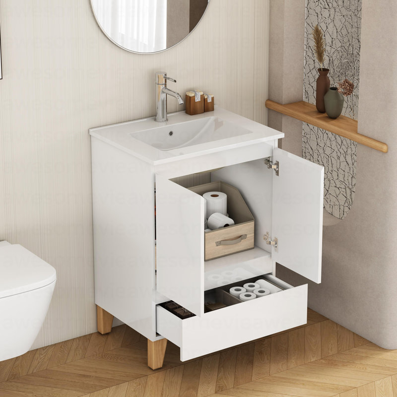 Ensemble de meuble-lavabo moderne 24 po avec lavabo, meuble-lavabo avec 2 portes et 1 tiroir, système anti-arrosage, conception sans poignée, lavabo à pieds en bois massif naturel, facile à assembler, blanc brillant