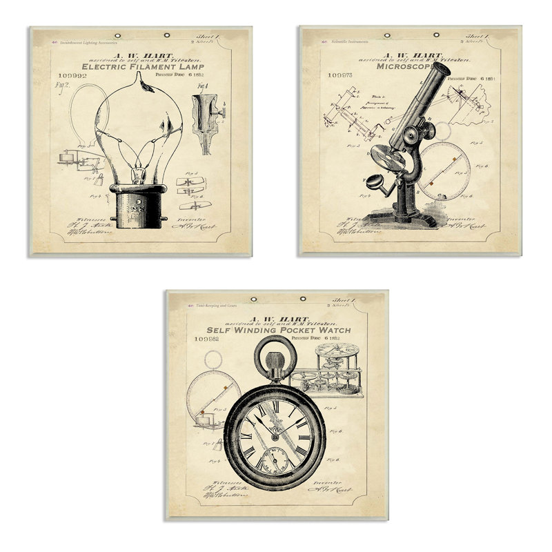 « brevets et diagrammes rétro », ensemble de 3 plaques murales d’art mural