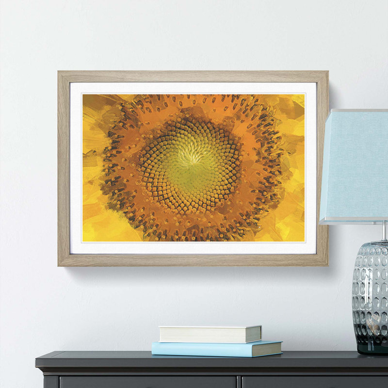 The Eye of a Yellow Sunflower in Abstract - Picture Frame Graphic Art Print, 48cm H x 65cm W x 2cm D, Oak Framed