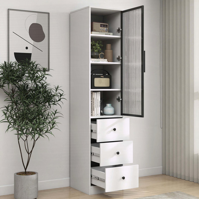 Grande armoire de rangement avec porte en verre et tiroirs