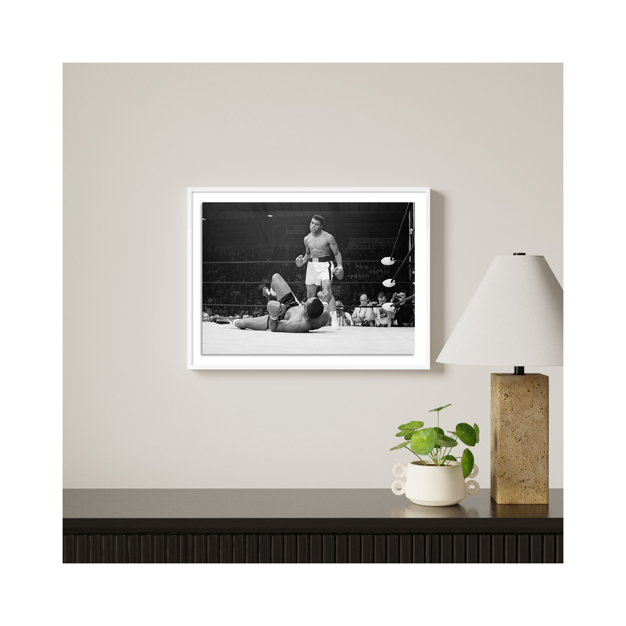 Boxers Muhammad Ali And Sonny Liston Fighting by Getty Images, Rustic Walnut Framed, 18" H x 24" W