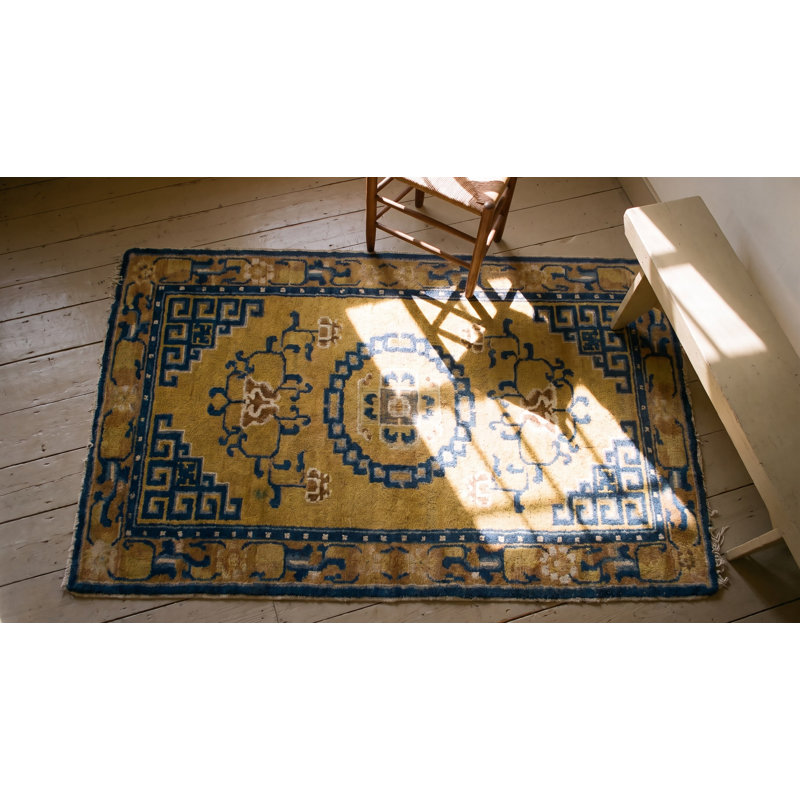 Antique Ningxia Chinese Medallion Yellow 1800s Rug