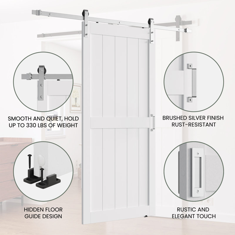Manufactured Solid Wood Paneled Sliding Barn Door with Brushed Nickel Hardware Kit, 36" x 84"