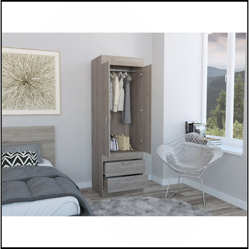 Armoire Lisboa, tringle, double porte, deux tiroirs, poignées en métal gris clair