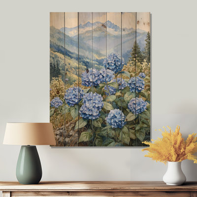Hortensias dans la prairie de montagne III - décoration murale en bois d'hortensias - sur bois de pin naturel