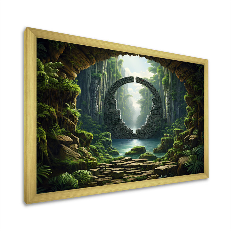 «Green Jungle Tribal» - art mural surréalisme, Cadre d'angle fermé doré, H 16 po x l 32 po x P 1 po