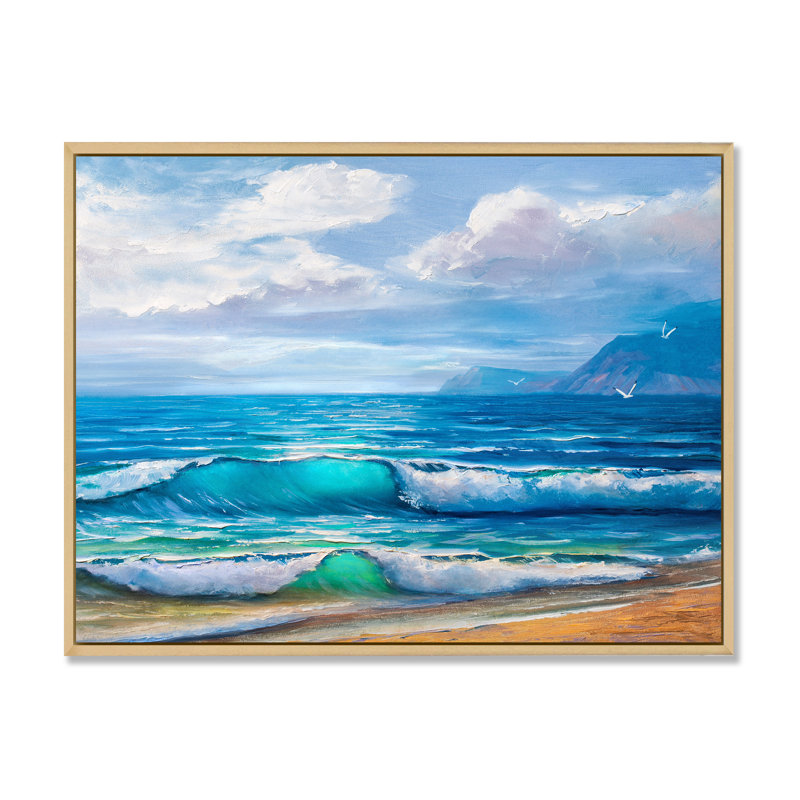 Lumière reflétant les vagues de la mer sur le rivage - peinture sur toile, H 16 po x l 32 po, Cadre flottant en érable