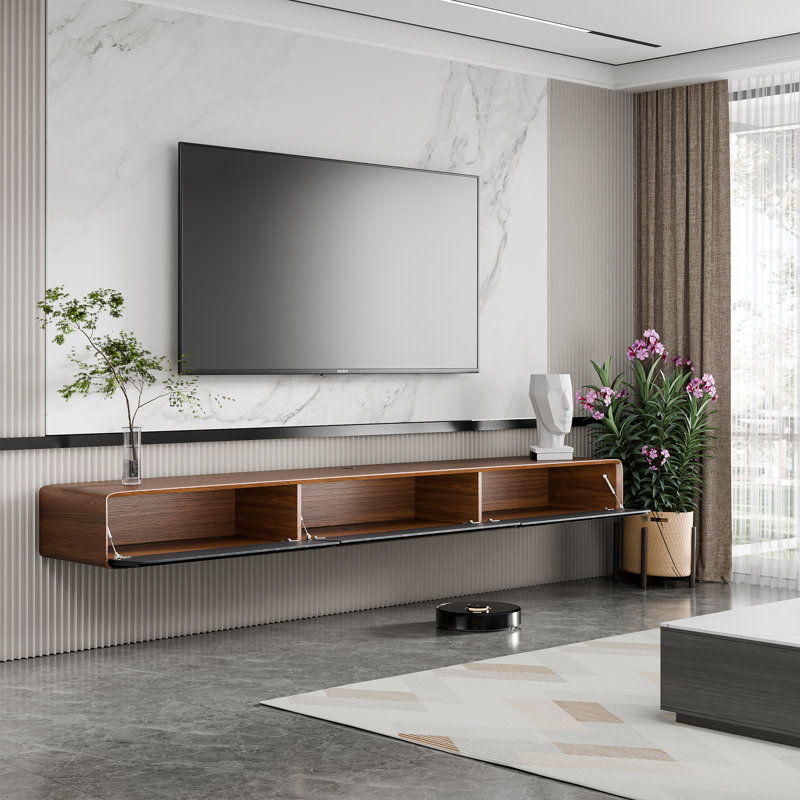 Fully Assembled 80" Handmade Floating TV Stand，Modern Wall-mounted Media Center with Flip-up Storage，Soft-close Doors，Solid Walnut Wood Veneer Finish