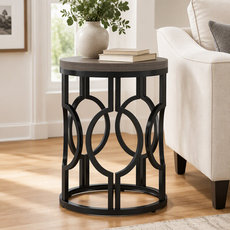 Table de bout ronde, table d'appoint industrielle avec structure creuse en métal