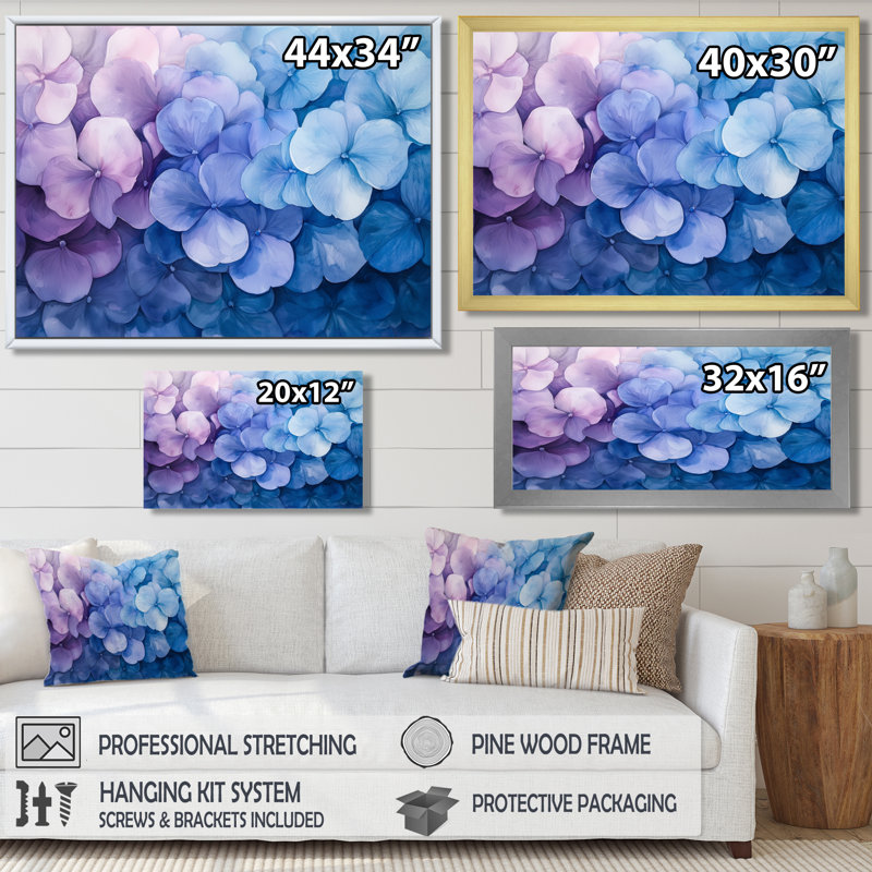 Jacoree, hortensia à l'aquarelle, encre mauve I - hydrangées, art mural, Argent argent, H 12 po x l 20 po