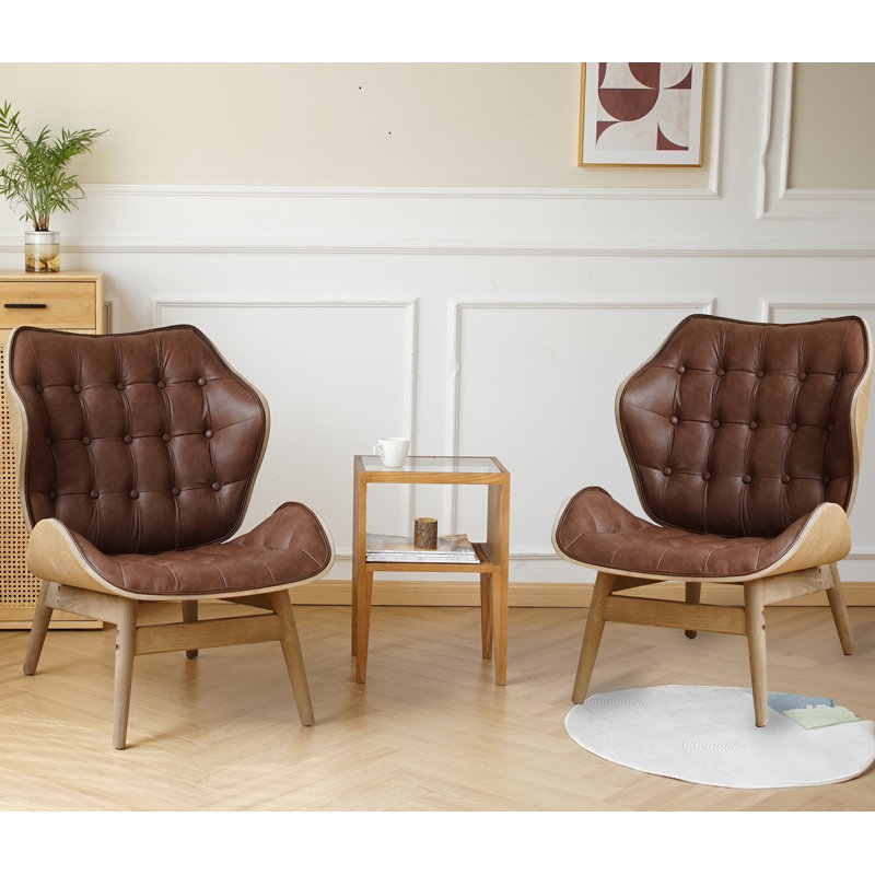 Fauteuil à oreilles capitonné Jeyshan, Similicuir brun foncé