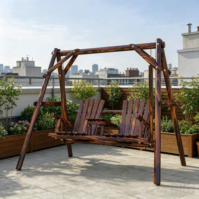 Wooden Porch Swing With Stand, 2-Seat Patio Swing Chair With Center Table