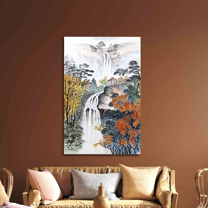 Illustration de paysage d'automne en cascade imprimée sur verre pour une décoration murale unique, H 35,4 po x l 59,1 po