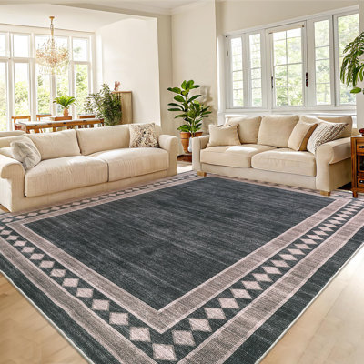 Tapis lavable pour salon moderne 9 x 12, tapis doux pliable à motif de losanges à poils courts, tapis antitaches et facile à nettoyer pour la décoration de bureau à domicile, brun noir