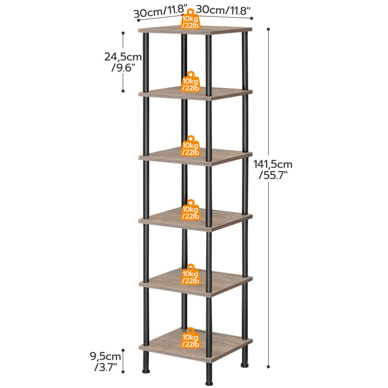 Greige and Black 6-Tier Corner Bookcase for Small Spaces