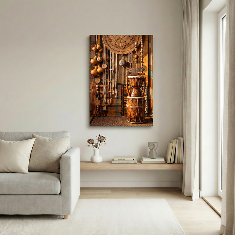 «Rustic Drums and Hanging Gourds on Patchwork», art mural sur toile, H 18 po x l 12 po