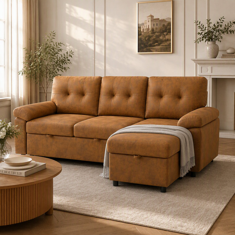 Canapé modulaire convertible de 88,5 po avec lit escamotable, méridienne de rangement et accoudoirs rembourrés doux - Style Mid-Century