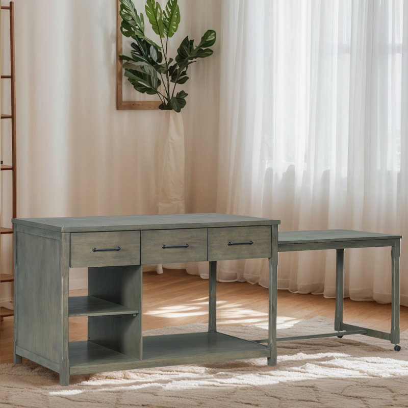 Îlot de cuisine extensible avec rangement et prises de courant, îlot de cuisine à roulettes rétro avec tiroirs et tablettes