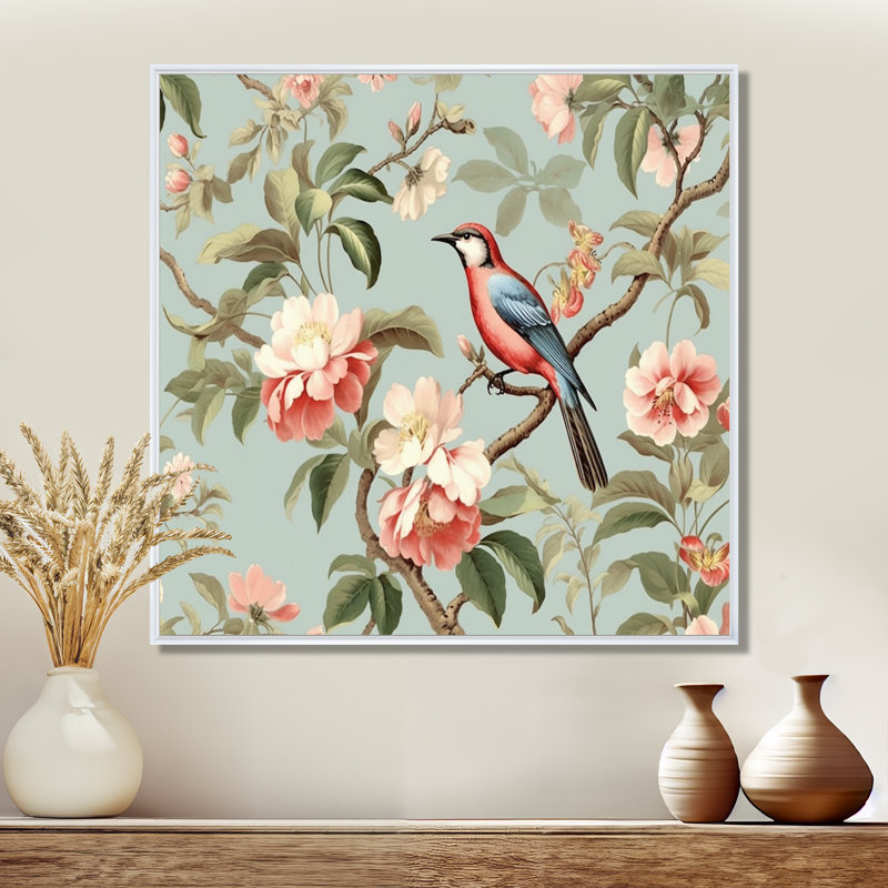 Chinoiserie avec oiseaux et pivoines - impression sur toile florale, H 24 po x l 24 po x P 1 po, Cadre flottant blanc