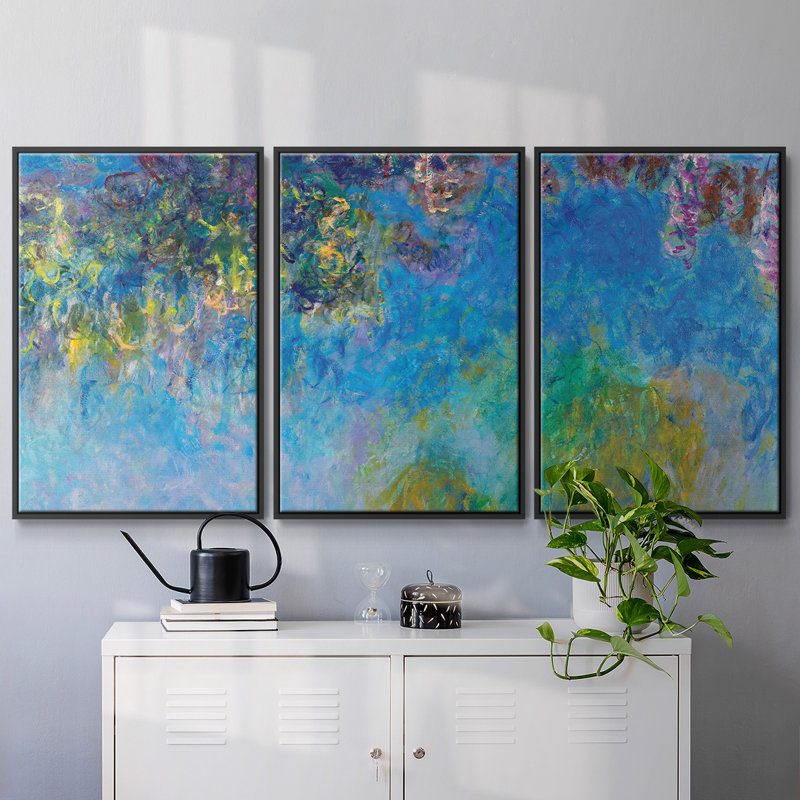 "Wisteria", peinture sur toile 3 pièces, H 36 po x l 75 po, Cadre noir