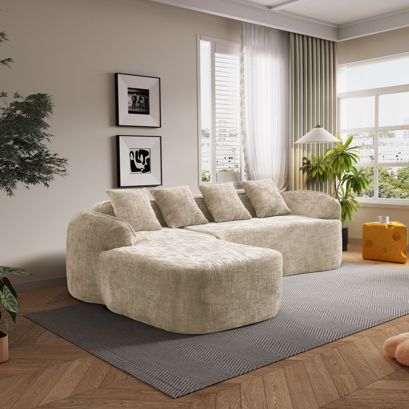Chenille Boneless L-shaped Sectional Sofa With Curved Armrests And 4 Pillows, , Space-saving Compressed Design, Left-facing
