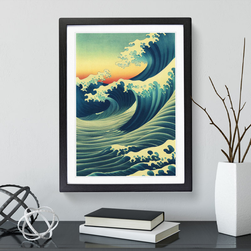 Japanese Wave At Sunset No.5 - Single Picture Frame Print, Black, 64cm H x 46cm W x 2cm D