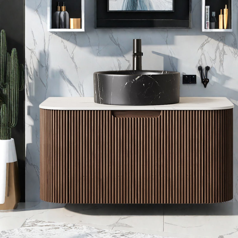 Meuble-lavabo et lavabo moderne de qualité supérieure, grain de bois noyer avec lavabo en céramique pour une salle de bain peu encombrante