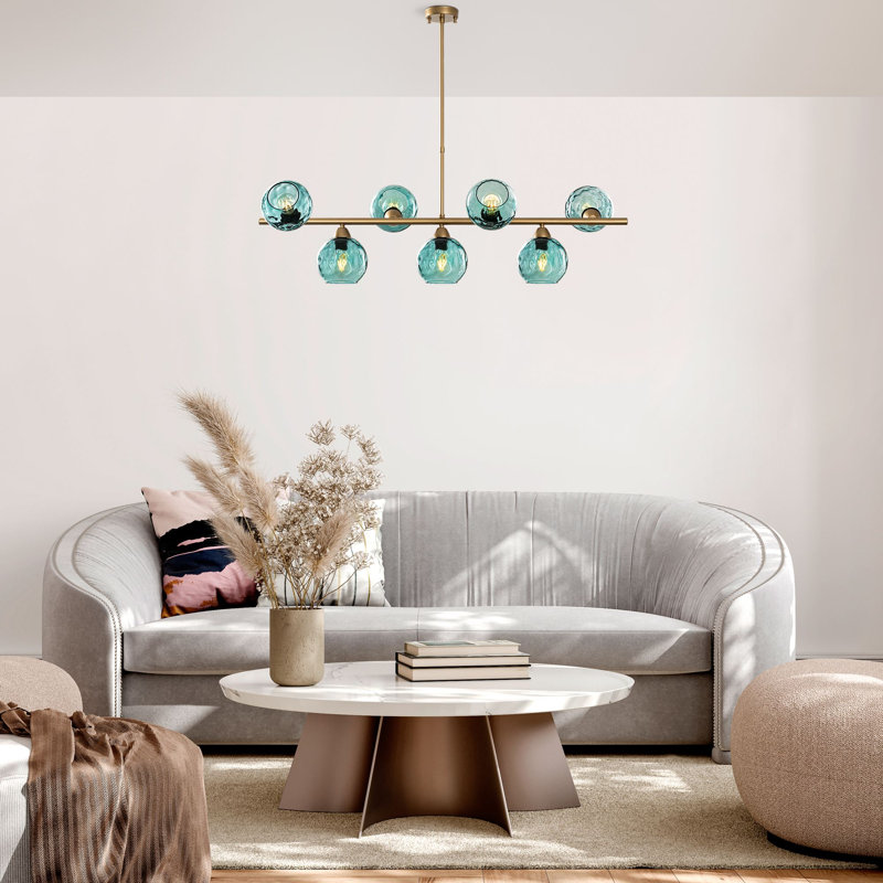 Elegant Blue and Gold Chandelier, Metal Body, 43.3 x 15.7 x 33.1 inches | 7 x E27 Sockets (Max 40W, Bulbs Not Included) | Stylish Lighting Fixture for Dining Room, Living Room, and Entryway, IP20 Rated