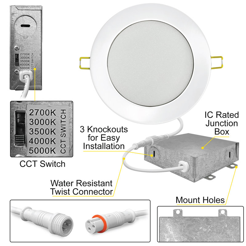 Luminaire encastré à DEL à intensité variable de 4 po à DEL sans culot de 5 W à culot variable de 27 W à 50 K et calibre 630LM